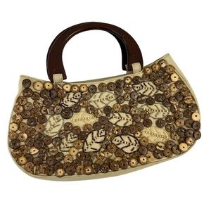 Coldwater Creek Buttons & Beads Canvas Handle Tan Handbag